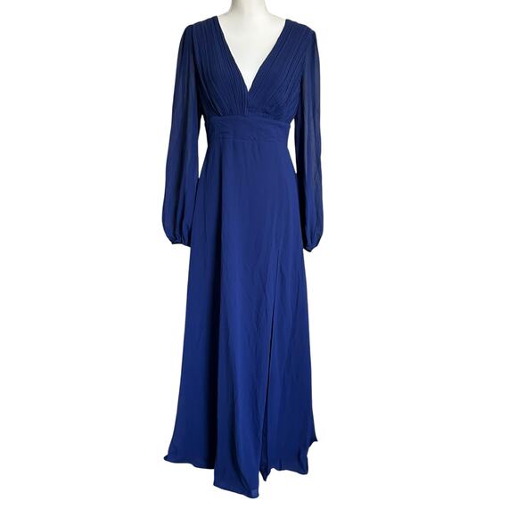 LULUS Marvelous Affair Navy Blue Pleated Lace-Up Long‎ Sleeve Maxi Dress-Size L - Picture 2 of 9